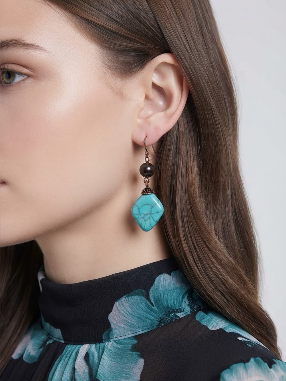 Boho Turquoise Dangle Earrings | Southwestern Bronze Brown Beaded Statement